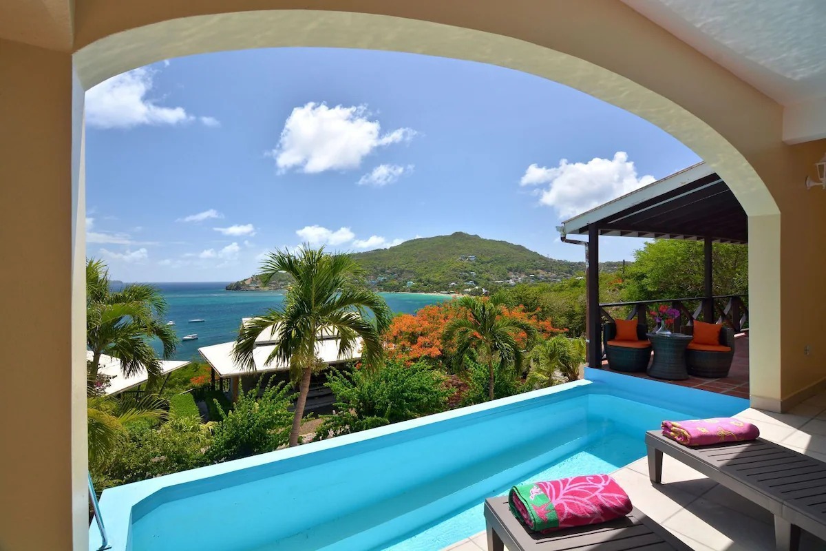 Pool arch view of Friendship Bay from Villa Marisol, Bequia